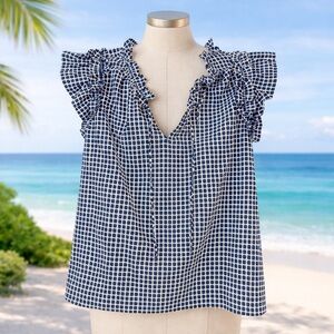 Vineyard Vines Blue & White Ruffle Sleeve Blouse – Size M